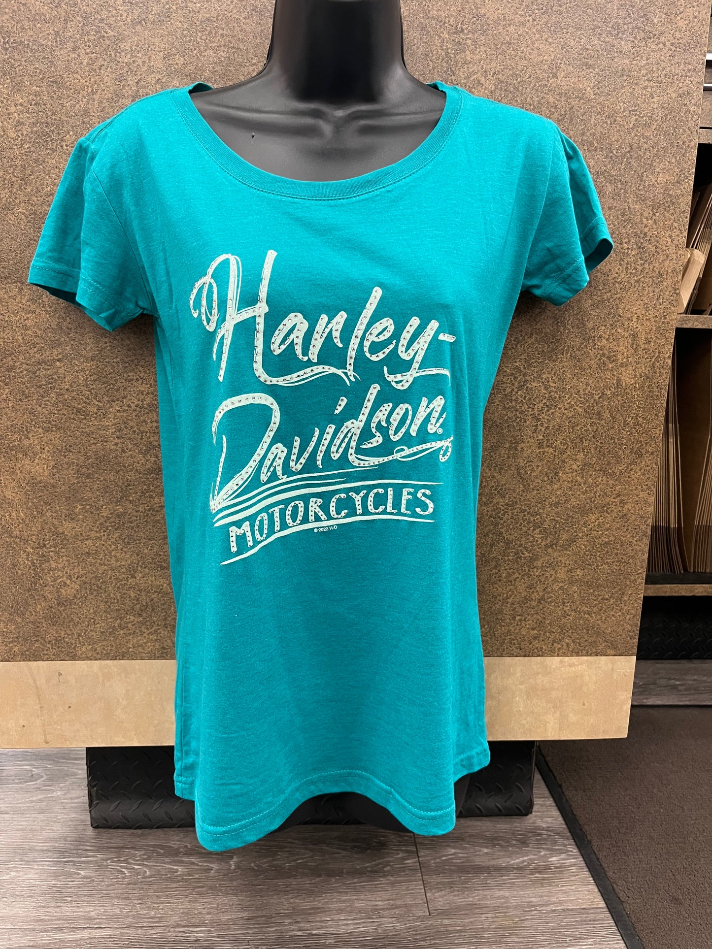 John Elway Harley-Davidson Women's Teal T-shirt 402911840