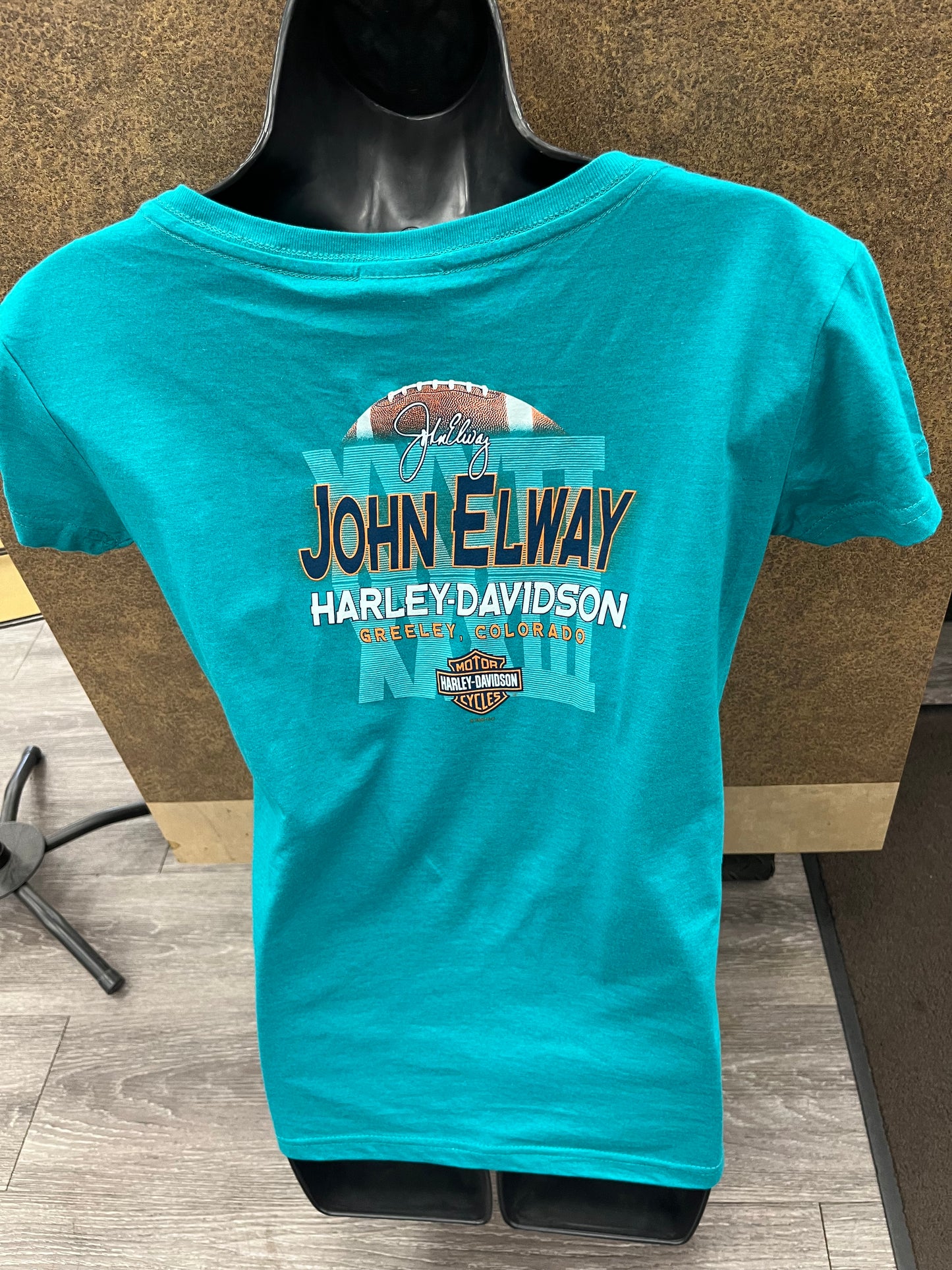 John Elway Harley-Davidson Women's Teal T-shirt 402911840